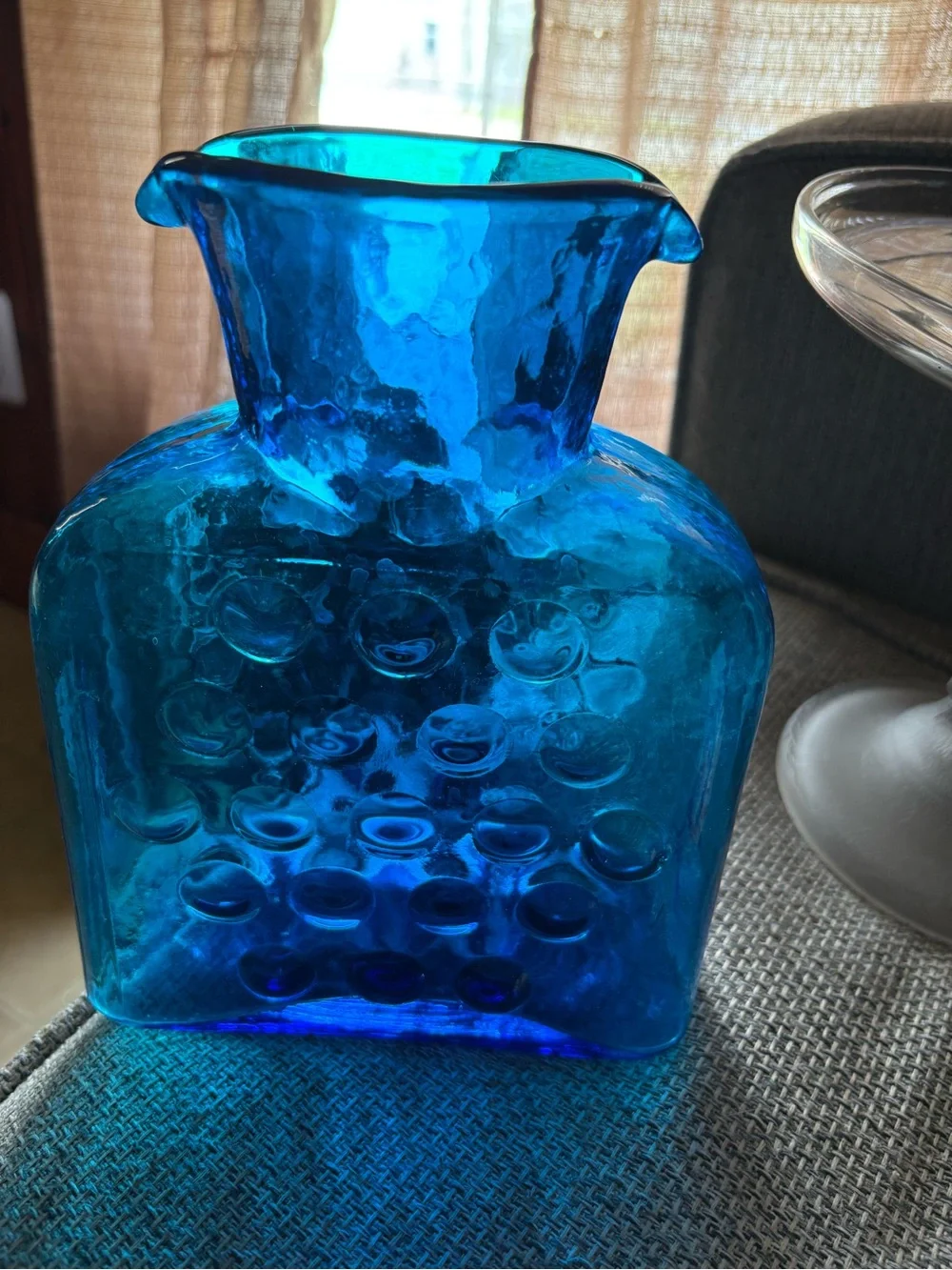 Blenko Midnight Blue Double Spout Water Pitcher 384 Optic Dots MCM Art Glass